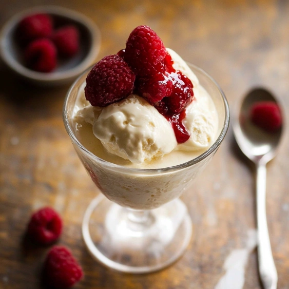 A glass of ice cream with a raspberry on top.