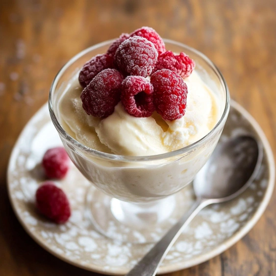 A glass of ice cream with raspberries on top.