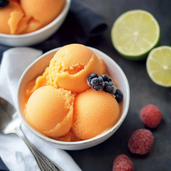 A bowl of orange and blue fruit.