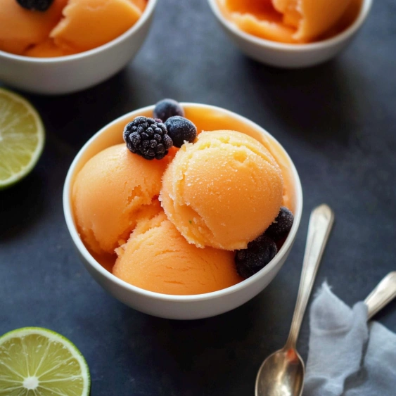 A bowl of orange and blue fruit.