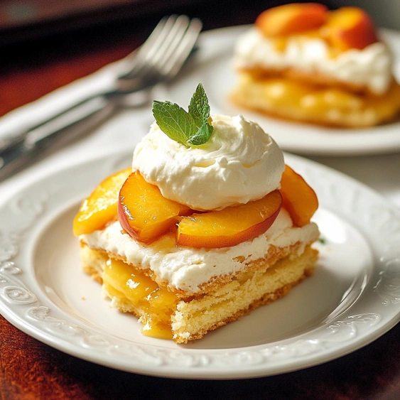 A slice of peach pie with whipped cream on a white plate.