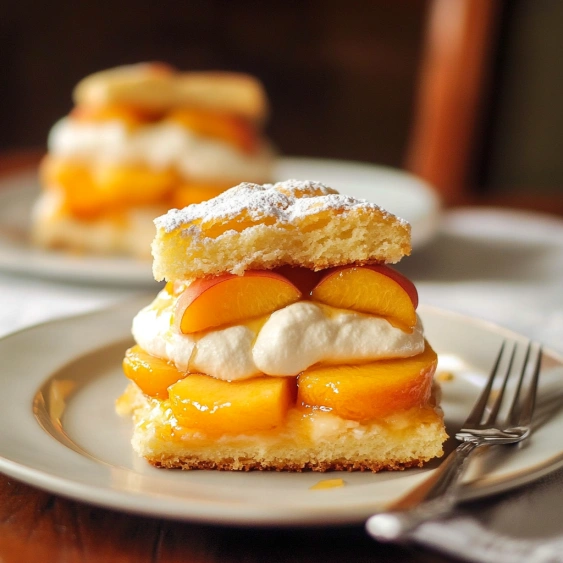 A stack of peach cake with whipped cream on a plate.