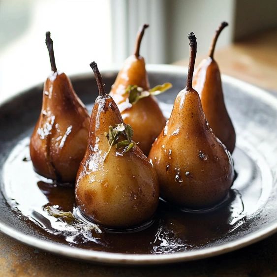 A plate of pears with sauce.