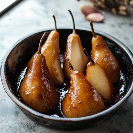 A bowl of pears with syrup.