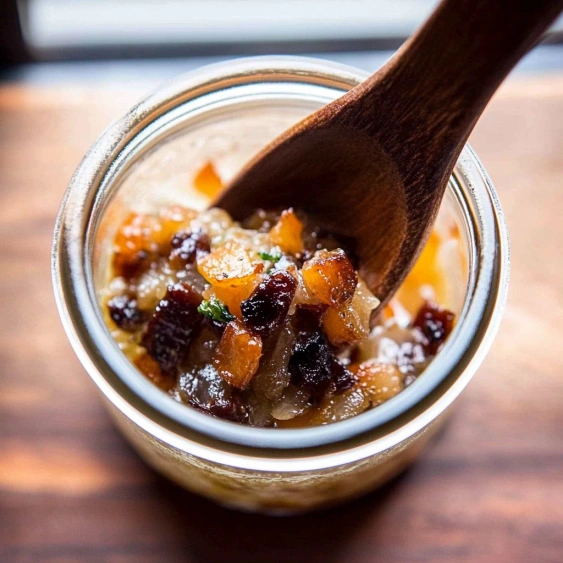 A wooden spoon is in a jar of food.