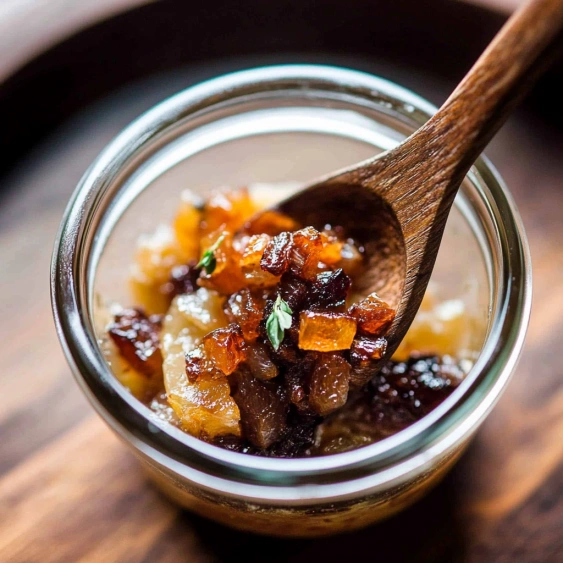 A wooden spoon in a jar of fruit.