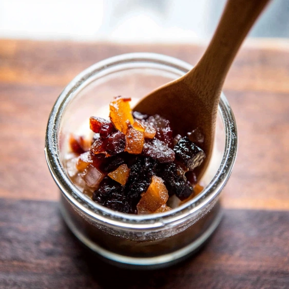 A jar of fruit with a wooden spoon in it.