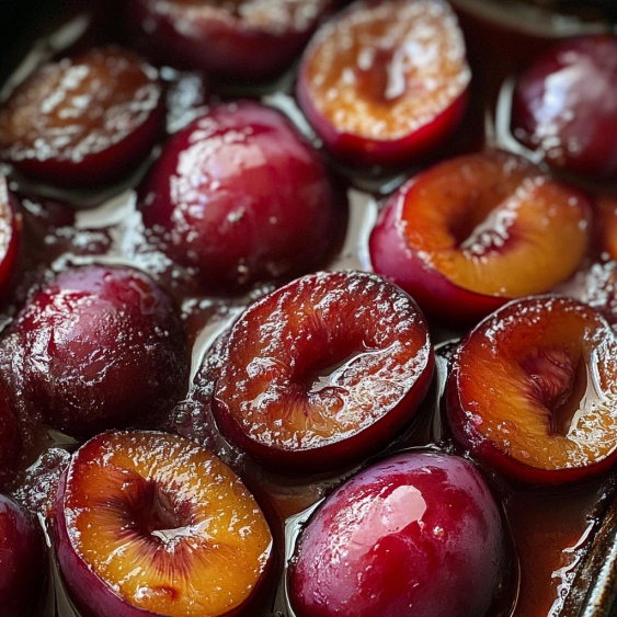 A pan of fruit with peaches and plums.