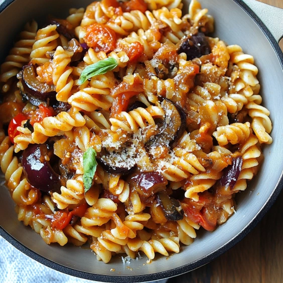 A bowl of pasta with tomatoes and olives.