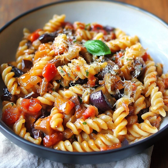 A bowl of pasta with tomatoes and mushrooms.