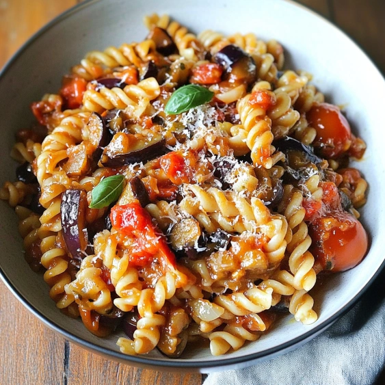 A bowl of pasta with tomatoes and basil.