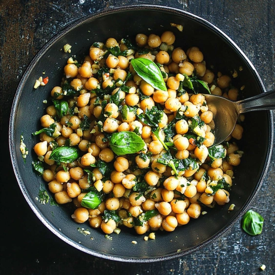 A bowl of chickpeas with spinach.