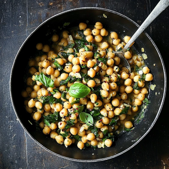 A bowl of chickpeas with spinach and herbs.