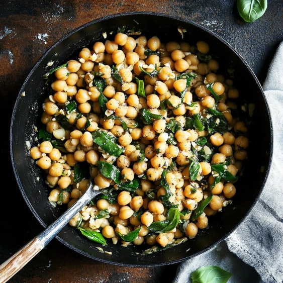 A bowl of chickpeas with green leaves.