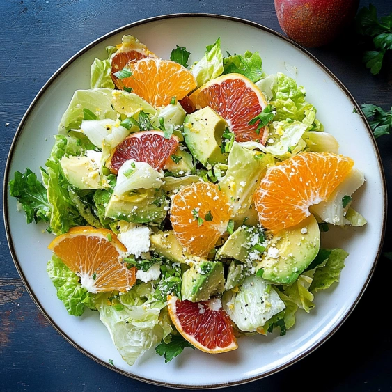 A plate of salad with oranges and lettuce.