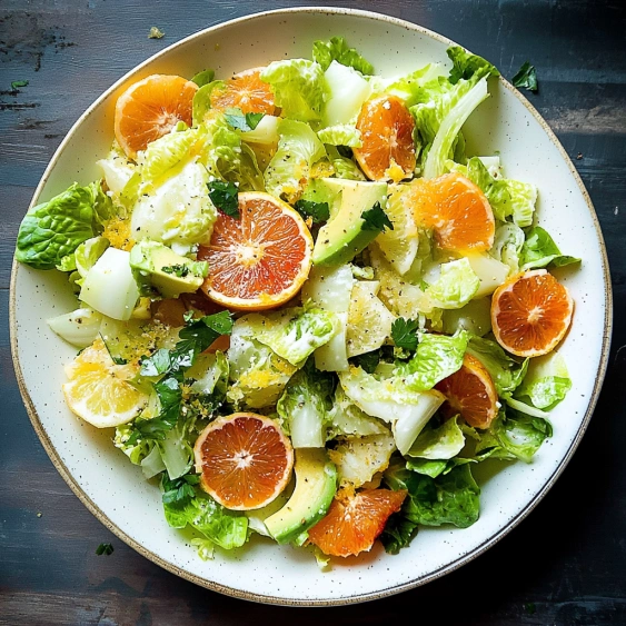 A plate of salad with oranges and lettuce.