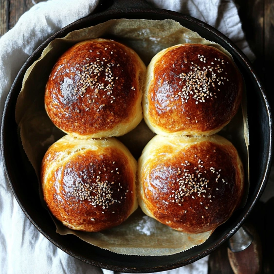 A pan of bread rolls with seeds on top.