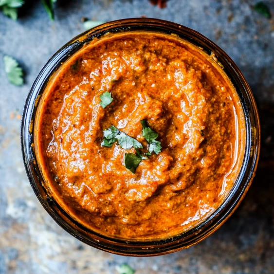 A jar of red sauce with a green garnish.