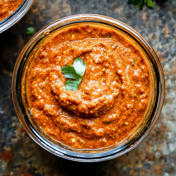 A glass of red sauce with a green leaf on top.