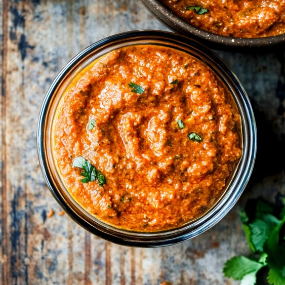 A jar of red sauce with green leaves on top.