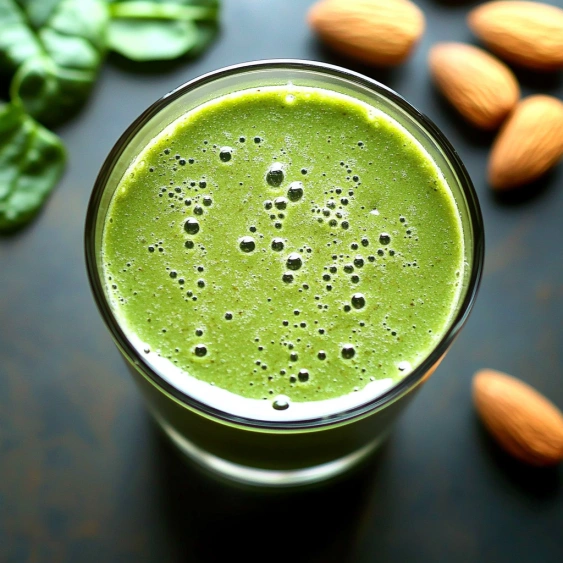 A glass of green smoothie with a nut on the side.