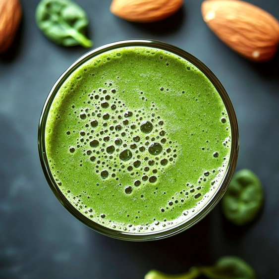 A glass of green smoothie with a spoon in it.