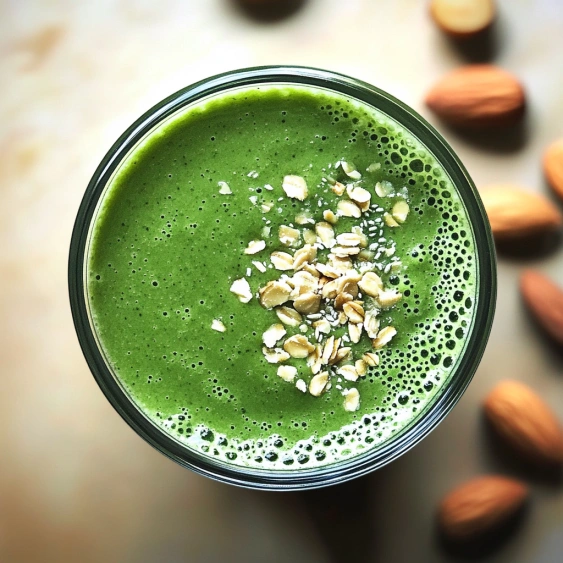 A glass of green smoothie with almonds on the side.