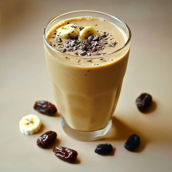 A glass of chocolate milk with bananas and raisins.