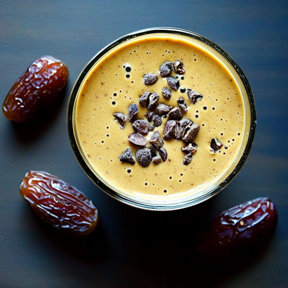 A glass of chocolate milk with chocolate chips on top.
