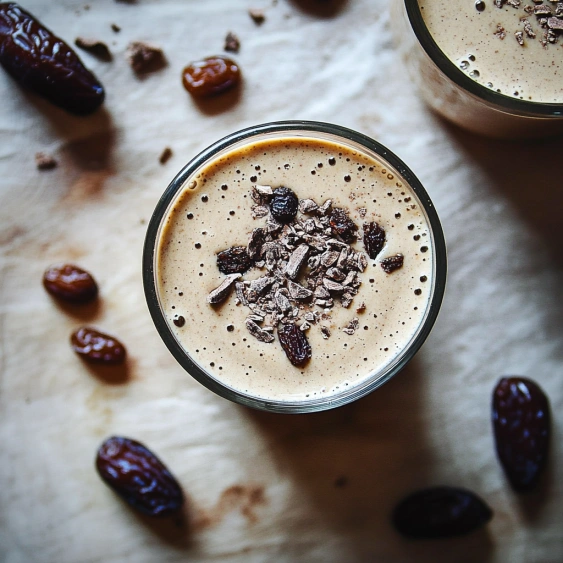 A glass of chocolate milk with chocolate chips on top.