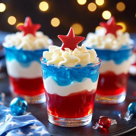 Four red white and blue desserts with stars on top.