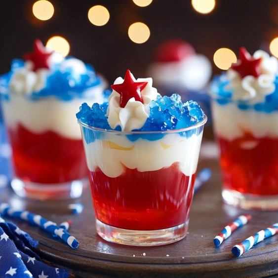 Four red, white and blue desserts in glasses.