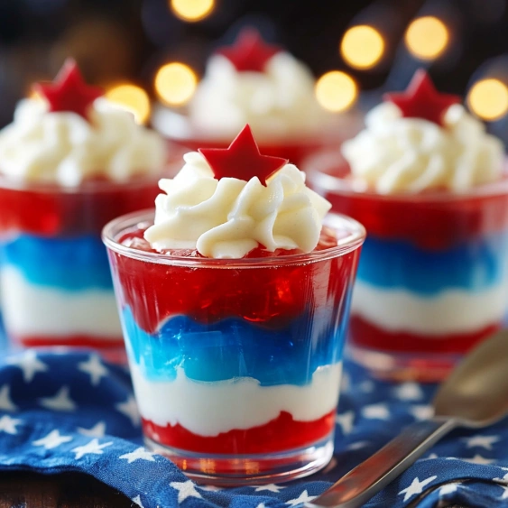 Four red white and blue desserts.