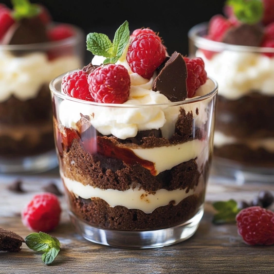 A glass of chocolate cake with raspberries.