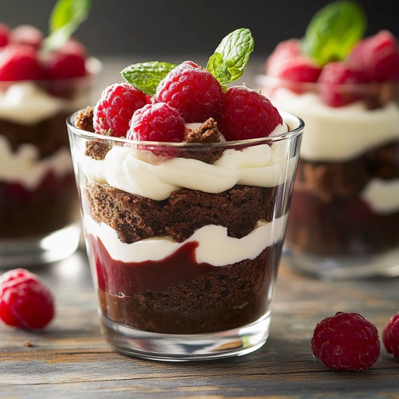 A glass of chocolate cake with raspberries.