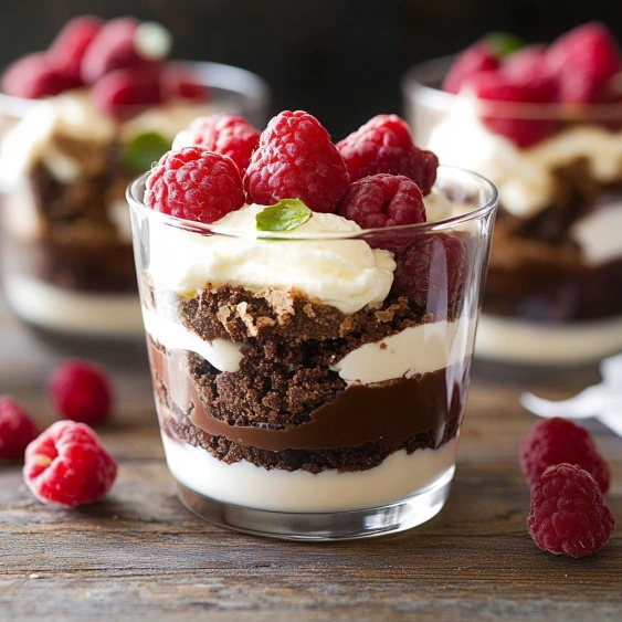 A glass of chocolate and raspberry dessert.