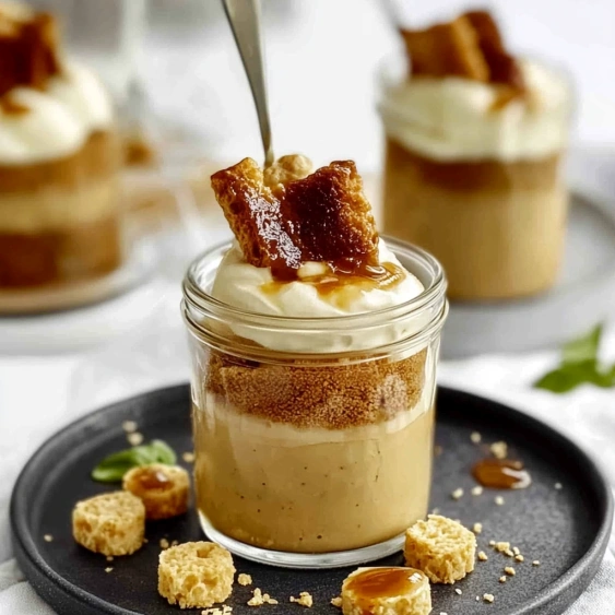 A dessert in a glass jar with a spoon in it.