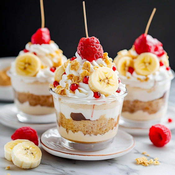 Three desserts with bananas and raspberries.