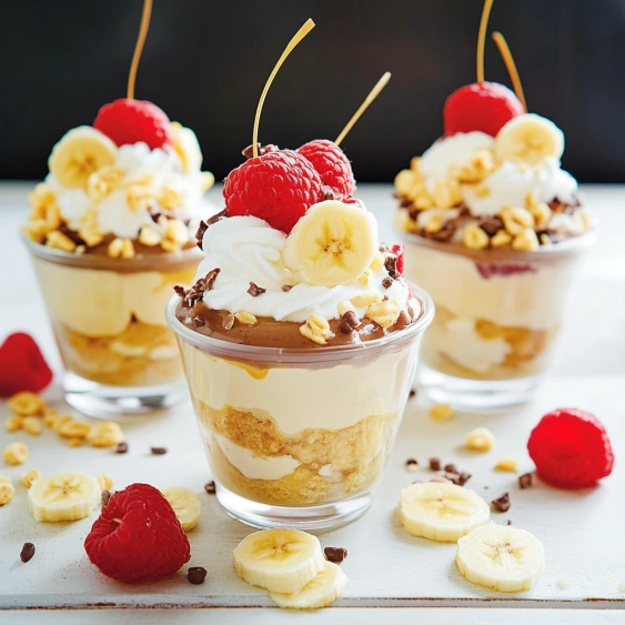 Three desserts with bananas and raspberries.