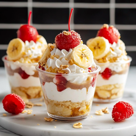 Three desserts in clear cups with fruit toppings.