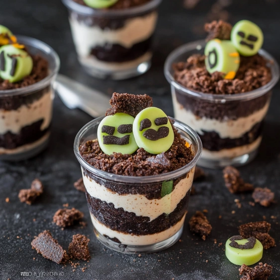 A cup of chocolate and vanilla ice cream with a green face on top.
