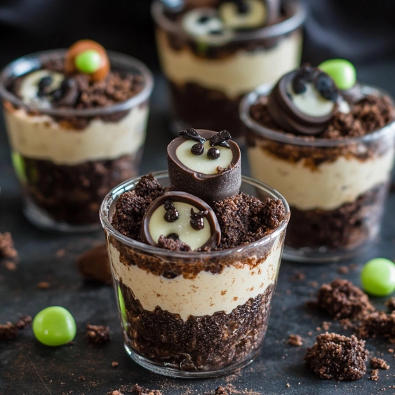 A cupcake with a chocolate topping and a green candy eye.