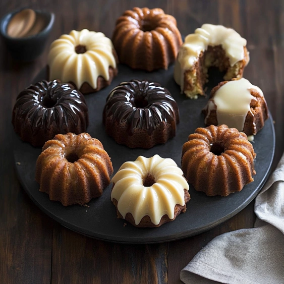 A plate of cakes with chocolate and white frosting.