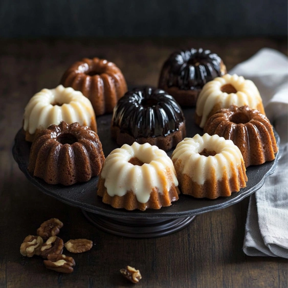 A plate of cakes with one of them being a caramel cake.