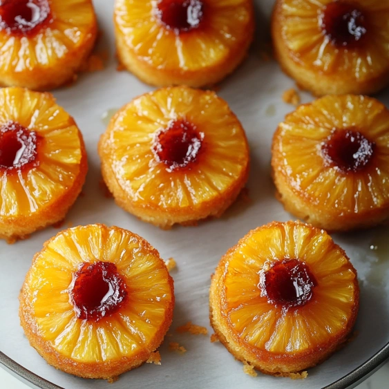 A plate of pineapple upside down cake.
