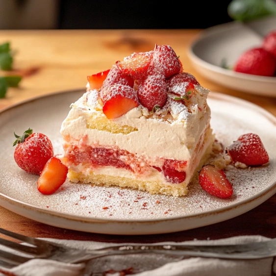 A slice of cake with strawberries on top.