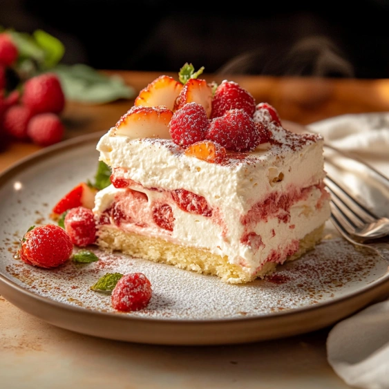 A slice of cake with strawberries on top.