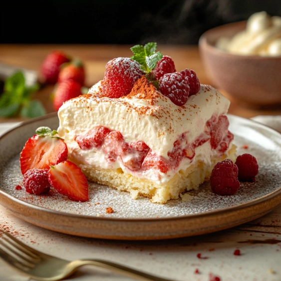 A slice of cake with strawberries on top.