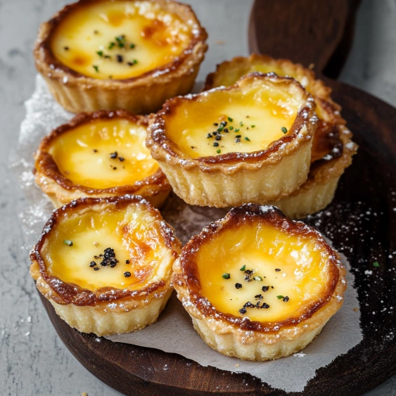 A plate of four small custard tarts.