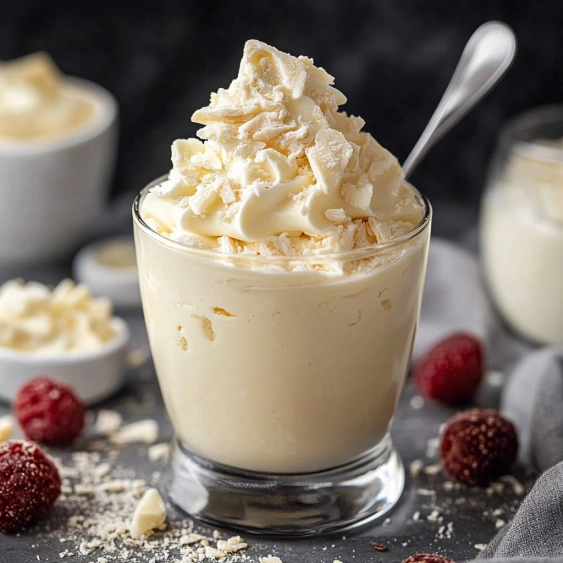 A glass of whipped cream with a spoon in it.